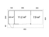 Andrea 15,2 + 7,9 m² (8,3x3 m | 44 mm) Lükanduste, katusealuse ja kuuriga aiamaja
