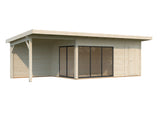 Andrea 15,2 + 7,9 m² (8,3x3 m | 44 mm) Lükanduste, katusealuse ja kuuriga aiamaja