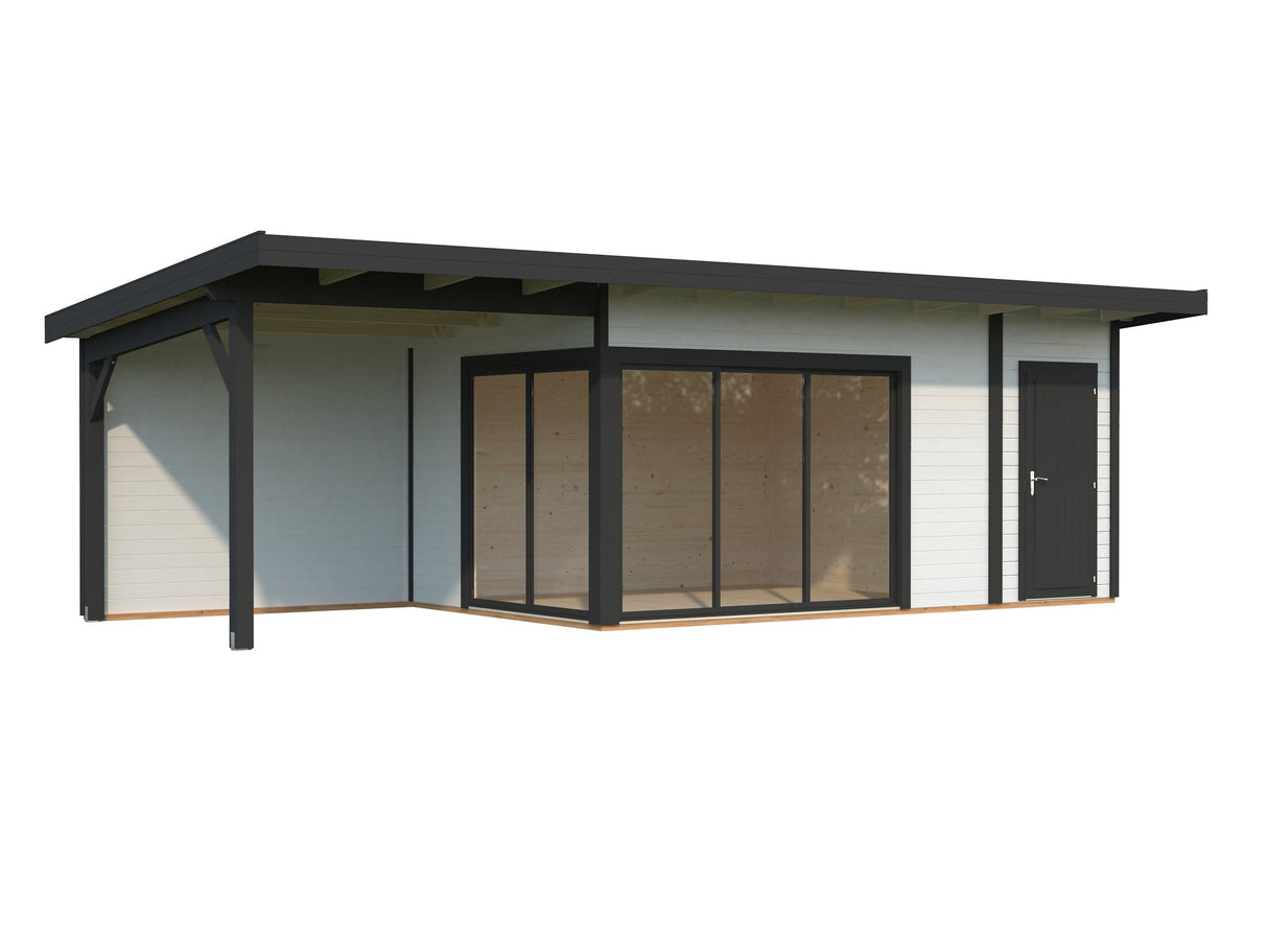 Andrea 15,2 + 7,9 m² (8,3x3 m | 44 mm) Lükanduste, katusealuse ja kuuriga aiamaja