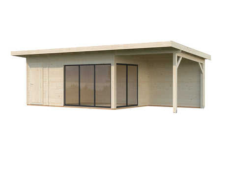 Andrea 15,2 + 7,9 m² (8,3x3 m | 44 mm) Lükanduste, katusealuse ja kuuriga aiamaja