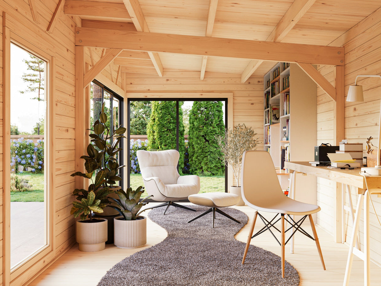 Andrea 21,1 m² (7,4x3 m | 44 mm) Modernne palkmaja kuuriga