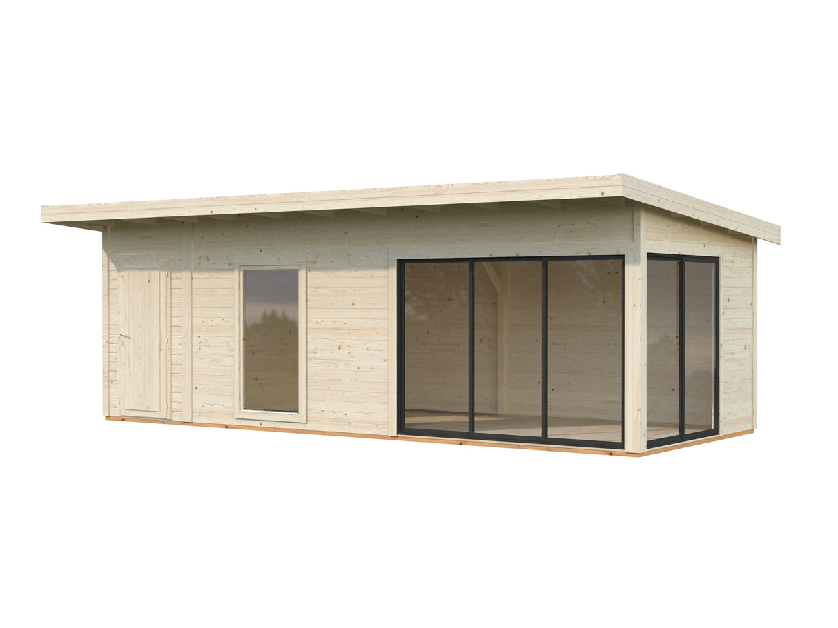 Andrea 21,1 m² (7,4x3 m | 44 mm) Modernne palkmaja kuuriga