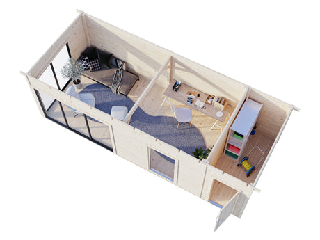 Andrea 21,1 m² (7,4x3 m | 44 mm) Modernne palkmaja kuuriga
