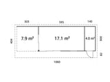 Andrea 21,1 + 7,9 m² (10,4x3 m | 44 mm) Modernne aiamaja katusealuse ja kuuriga