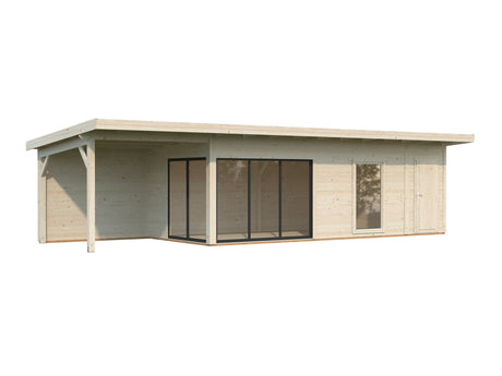 Andrea 21,1 + 7,9 m² (10,4x3 m | 44 mm) Modernne aiamaja katusealuse ja kuuriga