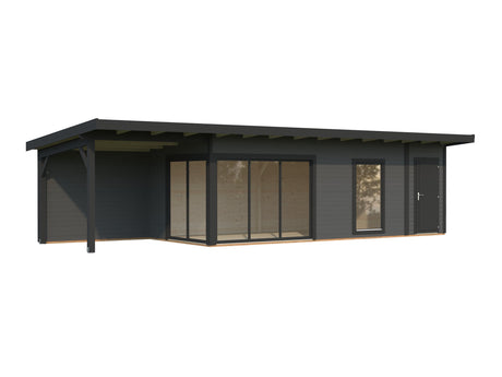 Andrea 21,1 + 7,9 m² (10,4x3 m | 44 mm) Modernne aiamaja katusealuse ja kuuriga