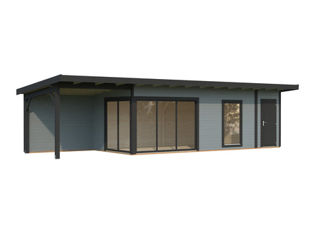 Andrea 21,1 + 7,9 m² (10,4x3 m | 44 mm) Modernne aiamaja katusealuse ja kuuriga