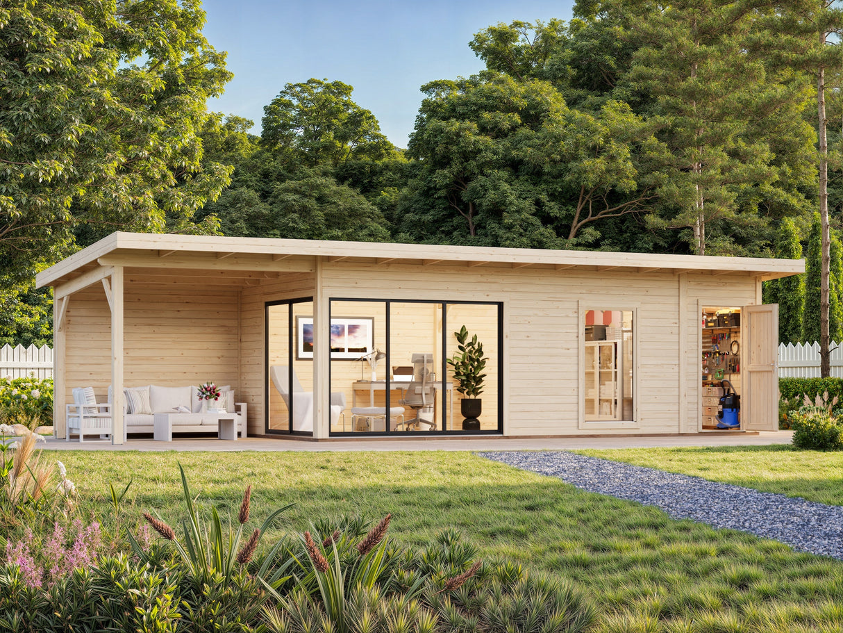 Andrea 21,1 + 7,9 m² (10,4x3 m | 44 mm) Modernne aiamaja katusealuse ja kuuriga