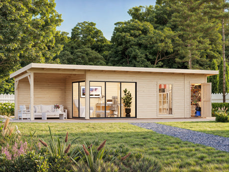 Andrea 21,1 + 7,9 m² (10,4x3 m | 44 mm) Modernne aiamaja katusealuse ja kuuriga