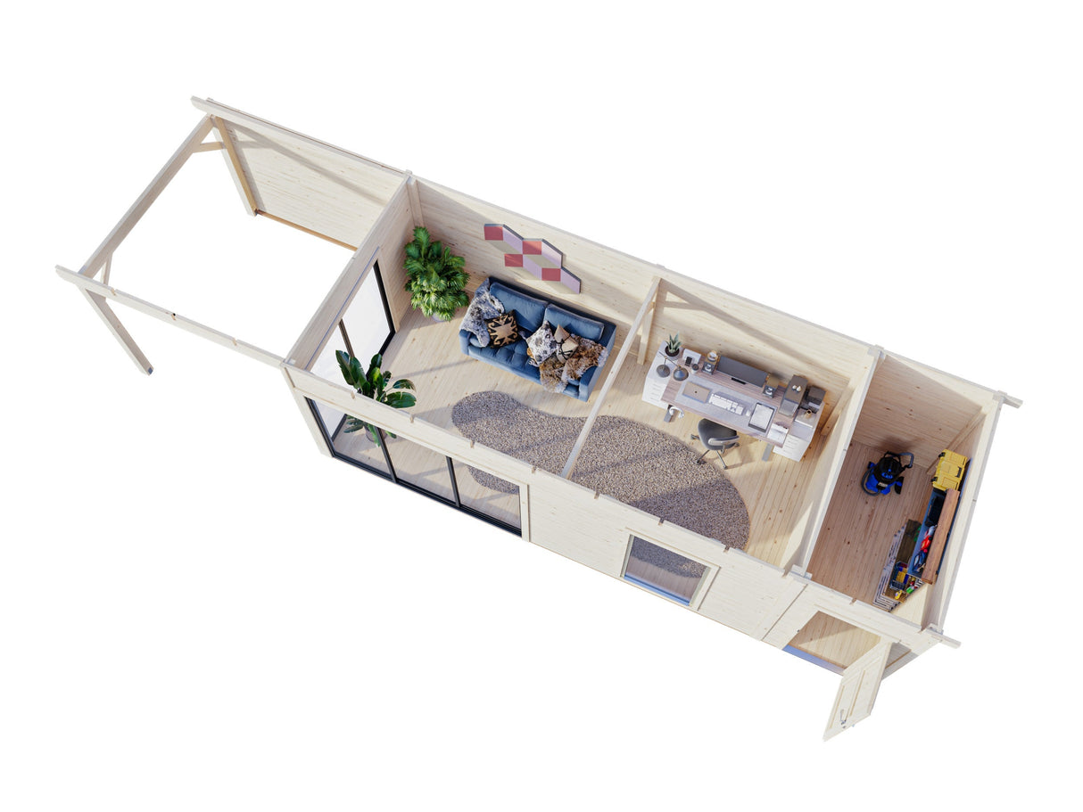 Andrea 21,1 + 7,9 m² (10,4x3 m | 44 mm) Modernne aiamaja katusealuse ja kuuriga