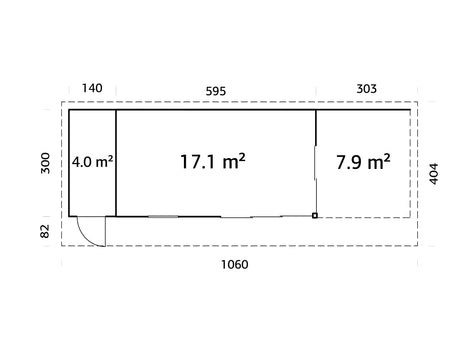 Andrea 21,1 + 7,9 m² (10,4x3 m | 44 mm) Modernne aiamaja katusealuse ja kuuriga