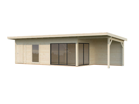 Andrea 21,1 + 7,9 m² (10,4x3 m | 44 mm) Modernne aiamaja katusealuse ja kuuriga