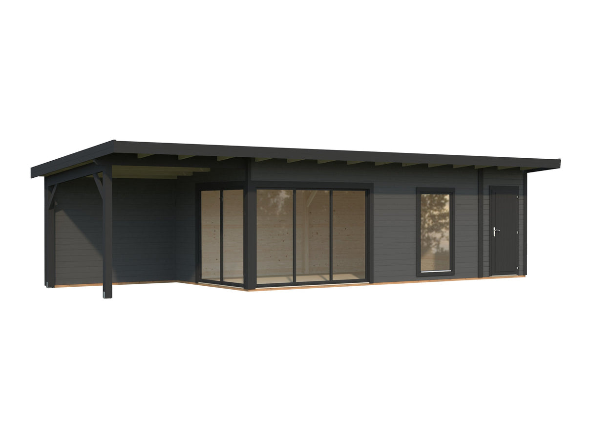 Andrea 21,1 + 7,9 m² (10,4x3 m | 44 mm) Modernne aiamaja katusealuse ja kuuriga