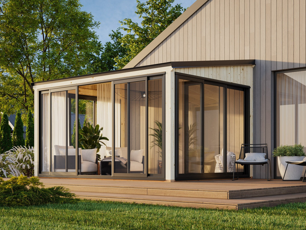 Lumi 11,6 m² (4,2x3 m | 120x120 mm) Seinale kinnituv klaaspaviljon aia laienduseks