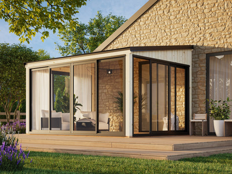 Lumi 11,6 m² (4,2x3 m | 120x120 mm) Seinale kinnituv klaaspaviljon aia laienduseks