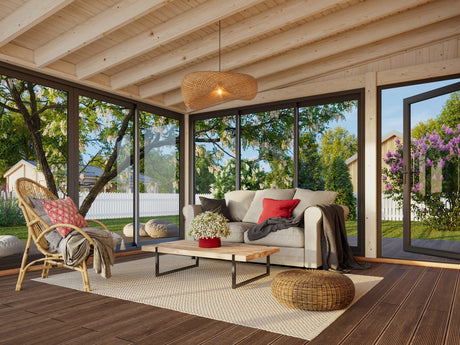 Lumi 16,6 m² (4,2x4,2 m | 120x120 mm) Seinale kinnituv puidust ja klaasist paviljon aeda