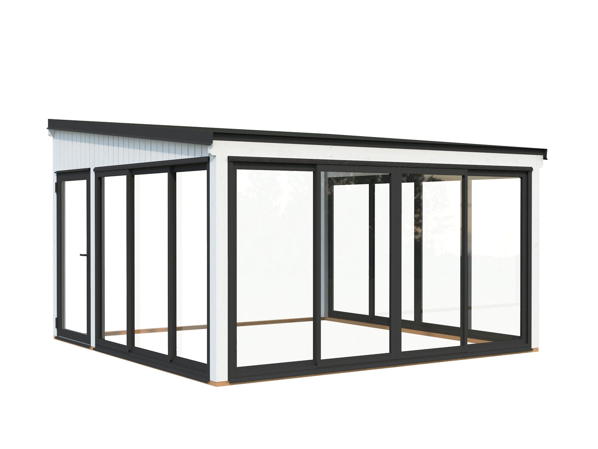Lumi 16,6 m² (4,2x4,2 m | 120x120 mm) Seinale kinnituv puidust ja klaasist paviljon aeda