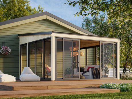 Lumi 16,6 m² (4,2x4,2 m | 120x120 mm) Seinale kinnituv puidust ja klaasist paviljon aeda