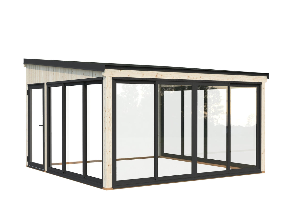 Lumi 16,6 m² (4,2x4,2 m | 120x120 mm) Seinale kinnituv puidust ja klaasist paviljon aeda