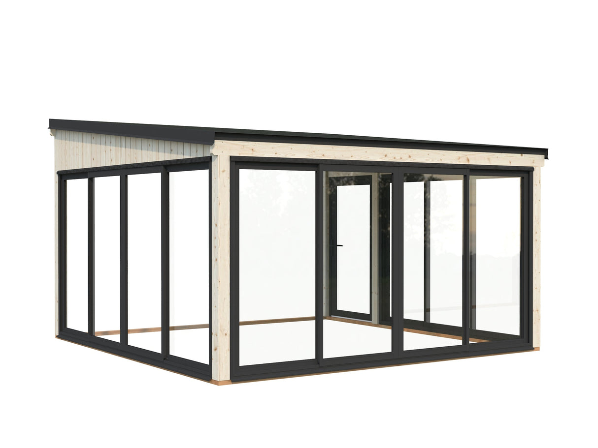 Lumi 16,6 m² (4,2x4,2 m | 120x120 mm) Seinale kinnituv puidust ja klaasist paviljon aeda