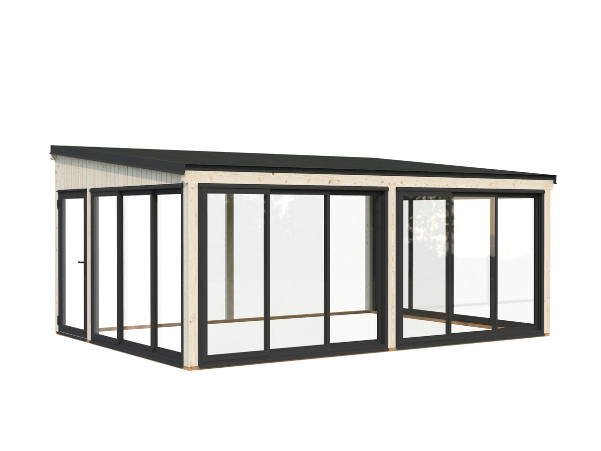 Lumi 23,3 m² (5,8x4,2 m | 120x120 mm) Ruumikas seinale kinnituv klaaspaviljon või suvetuba aeda