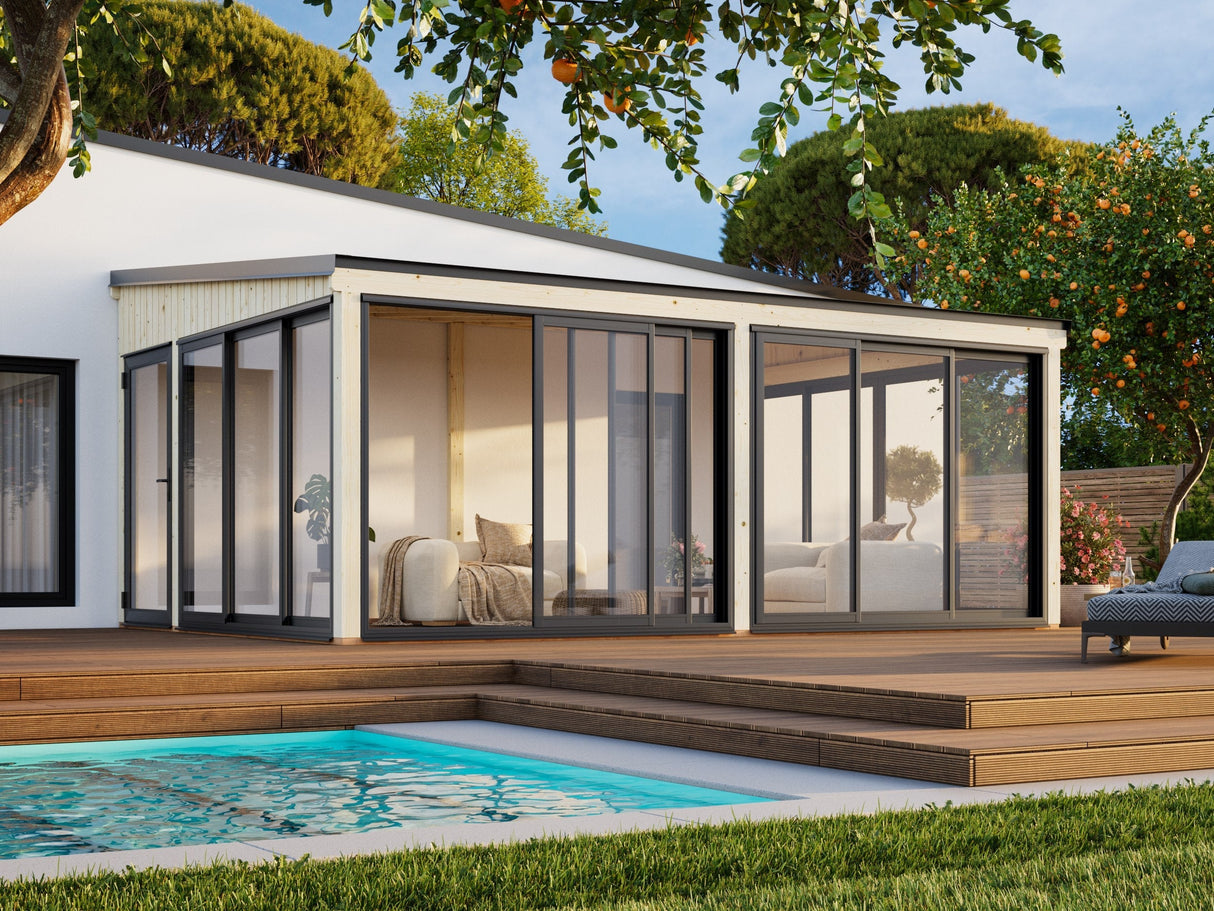 Lumi 23,3 m² (5,8x4,2 m | 120x120 mm) Ruumikas seinale kinnituv klaaspaviljon või suvetuba aeda