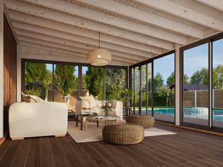 Lumi 23,3 m² (5,8x4,2 m | 120x120 mm) Ruumikas seinale kinnituv klaaspaviljon või suvetuba aeda