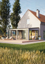 Lumi 23,3 m² (5,8x4,2 m | 120x120 mm) Ruumikas seinale kinnituv klaaspaviljon või suvetuba aeda