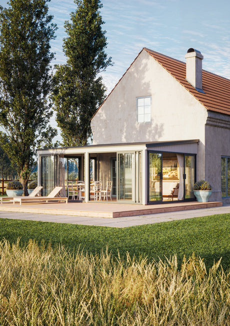 Lumi 23,3 m² (5,8x4,2 m | 120x120 mm) Ruumikas seinale kinnituv klaaspaviljon või suvetuba aeda