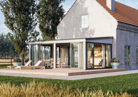 Lumi 23,3 m² (5,8x4,2 m | 120x120 mm) Ruumikas seinale kinnituv klaaspaviljon või suvetuba aeda
