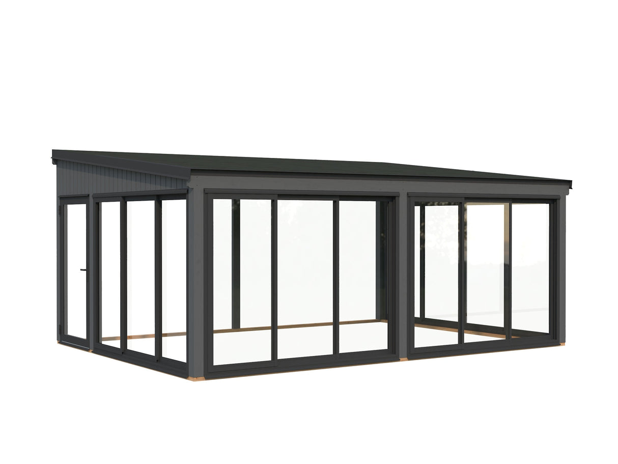 Lumi 23,3 m² (5,8x4,2 m | 120x120 mm) Ruumikas seinale kinnituv klaaspaviljon või suvetuba aeda
