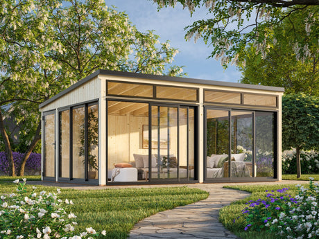Saga 23,3 m² (5,8x4,2 m | 120x120 mm) Ruumikas ja modernne eraldiseisev klaasaed või suvetuba aeda