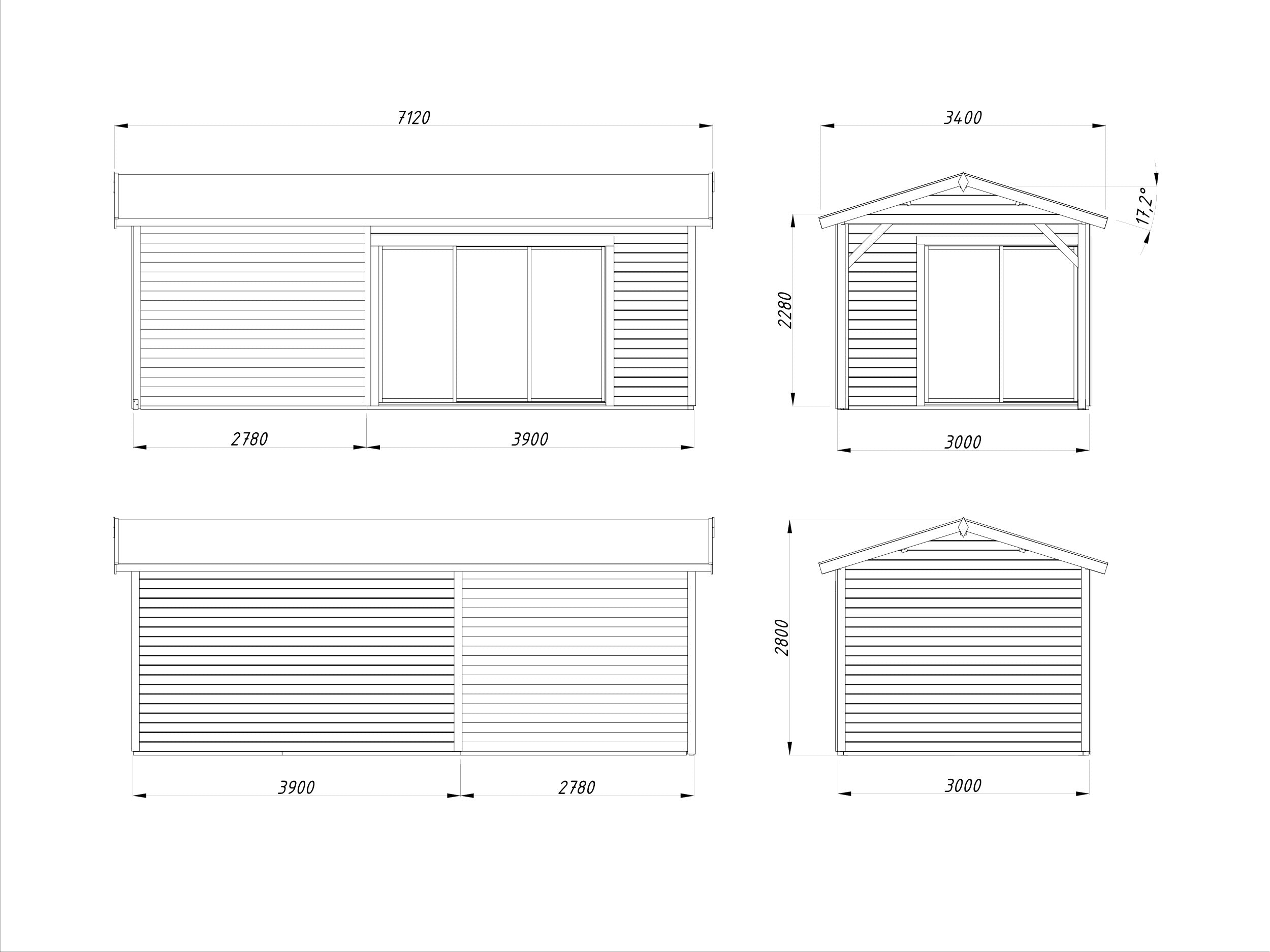 Amanda 11.2+7.8m2 (6.68x3m | 44mm) Lükanduste ja modernse nurgalahendusega aiamaja varikatusega