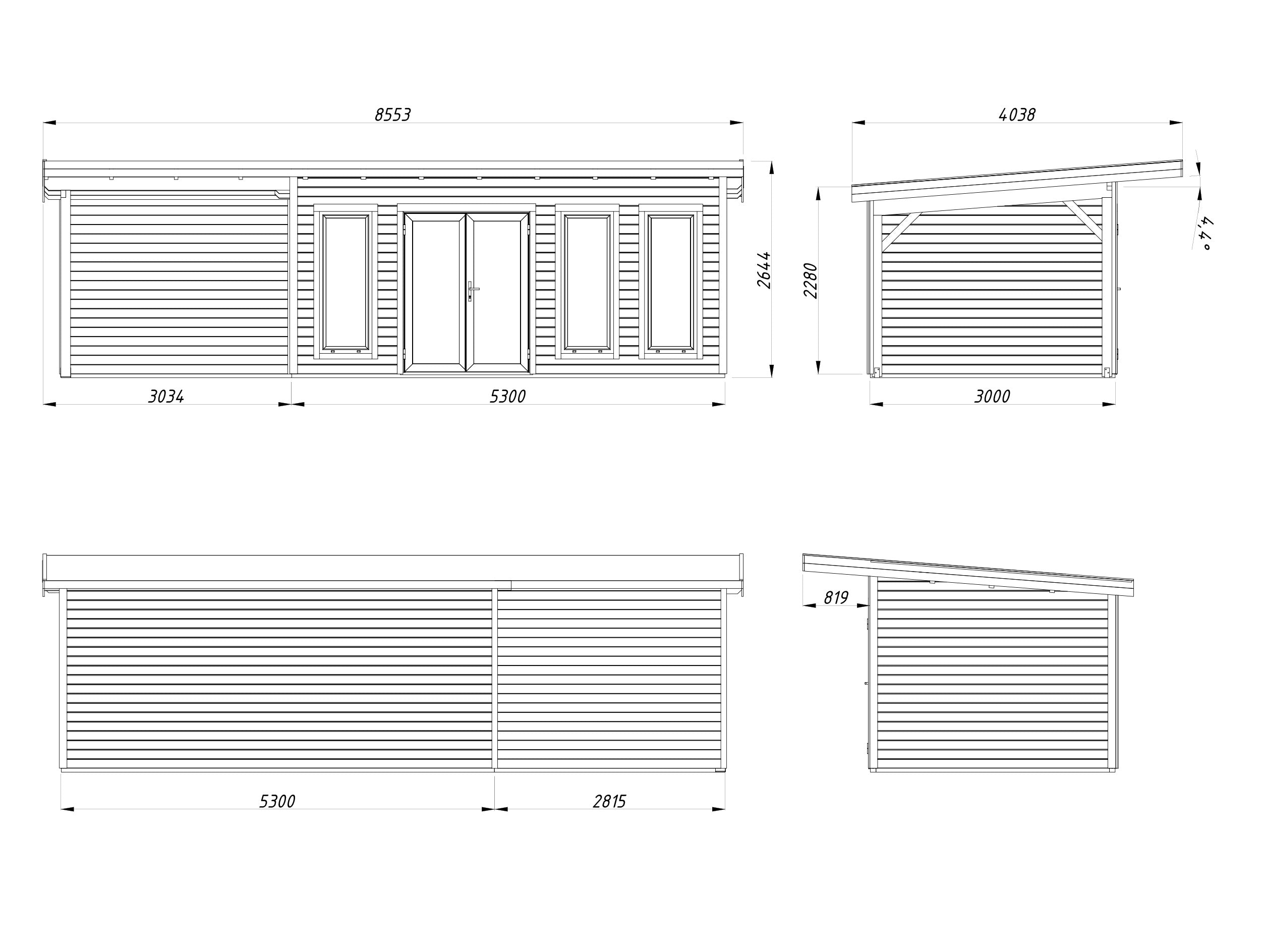 Aurelia 15,2 + 7,9 m² (8,3x3 m | 44 mm) Ruumikas modernne aiamaja katusealusega
