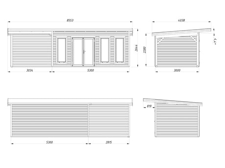 Aurelia 15,2 + 7,9 m² (8,3x3 m | 44 mm) Ruumikas modernne aiamaja katusealusega