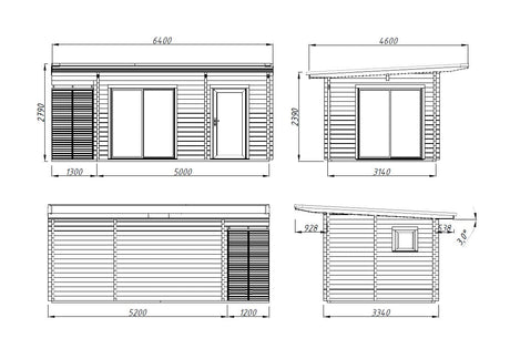 Cecilia 14.2m2 (5x3.14m | 70mm) Kaheruumiline suvemaja alumiiniumakende ja -ustega
