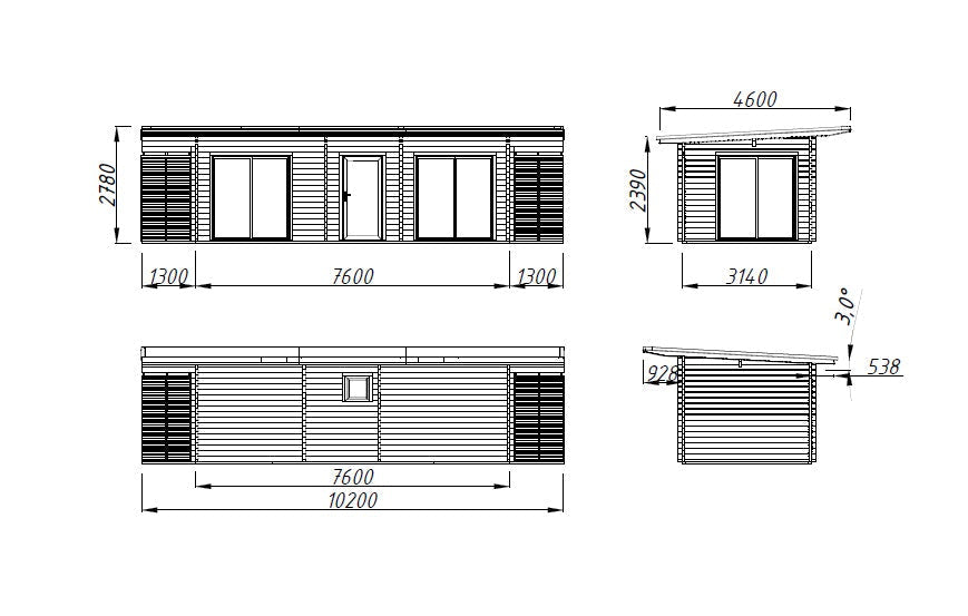 Cecilia 21.8m2 (7.6x3.14m | 70mm) Kolmeruumiline suvemaja alumiiniumakende ja -ustega