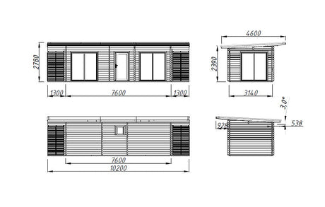 Cecilia 21.8m2 (7.6x3.14m | 70mm) Kolmeruumiline suvemaja alumiiniumakende ja -ustega
