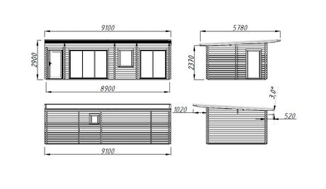 Cecilia 32m2 (8.9x4.2m | 70mm) Kolmeruumiline suvemaja alumiiniumakende ja -ustega