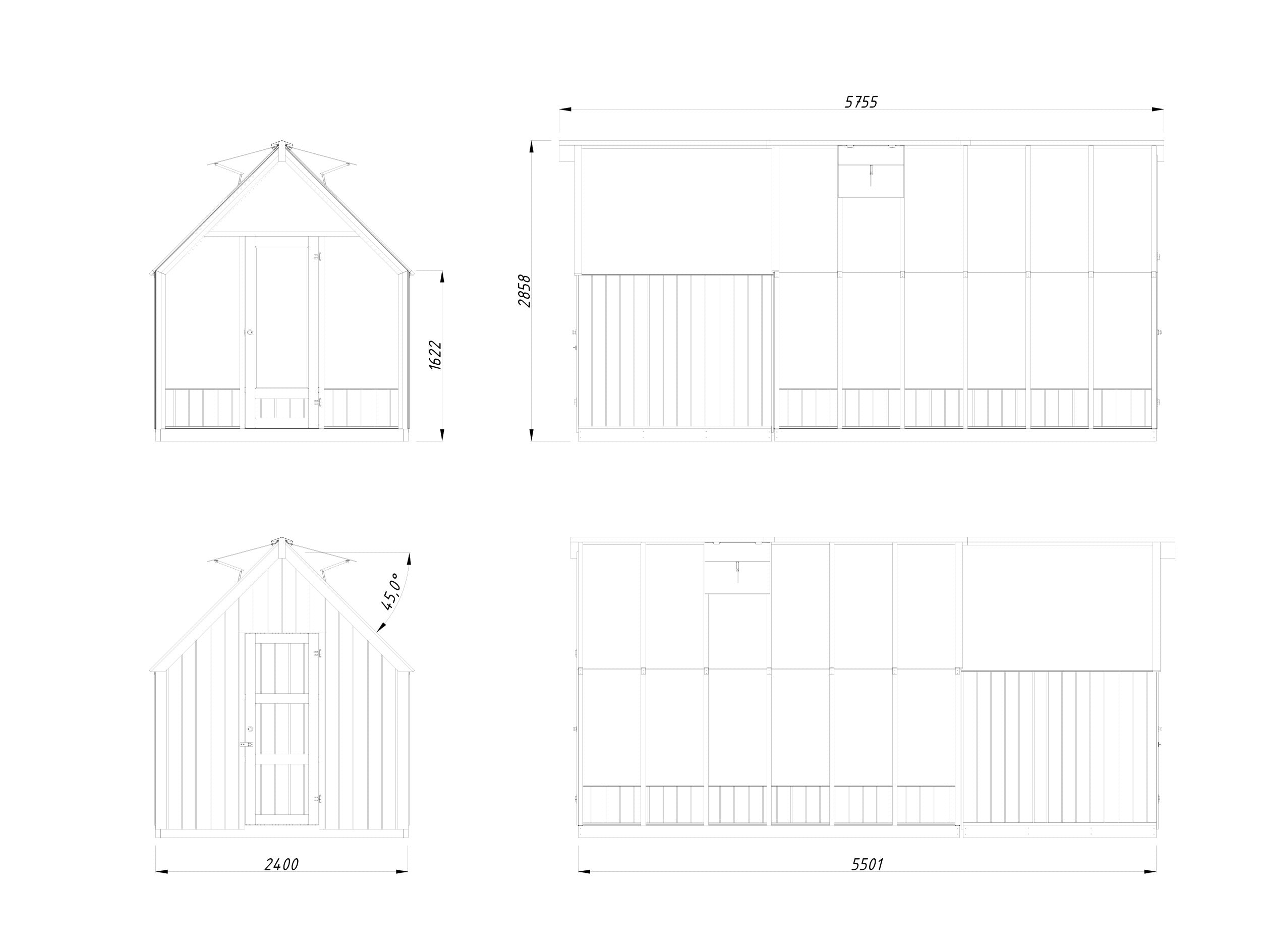 Emilia 8,2 + 4,0 m² (2,4x5,5 m | 18 mm) Kasvuhoone ja tööriistakuur – halliks värvitud