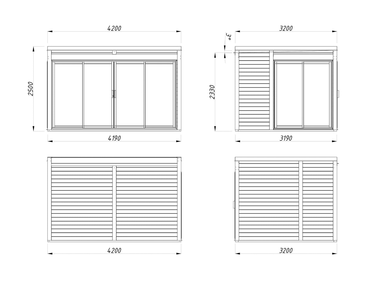 Serena 1 (4,2x3,2 m | 12,6 m² | 44 mm) Modernne klaaspaviljon aeda – alumiiniumuksed ja -aknad (ühekordne või topeltklaas)
