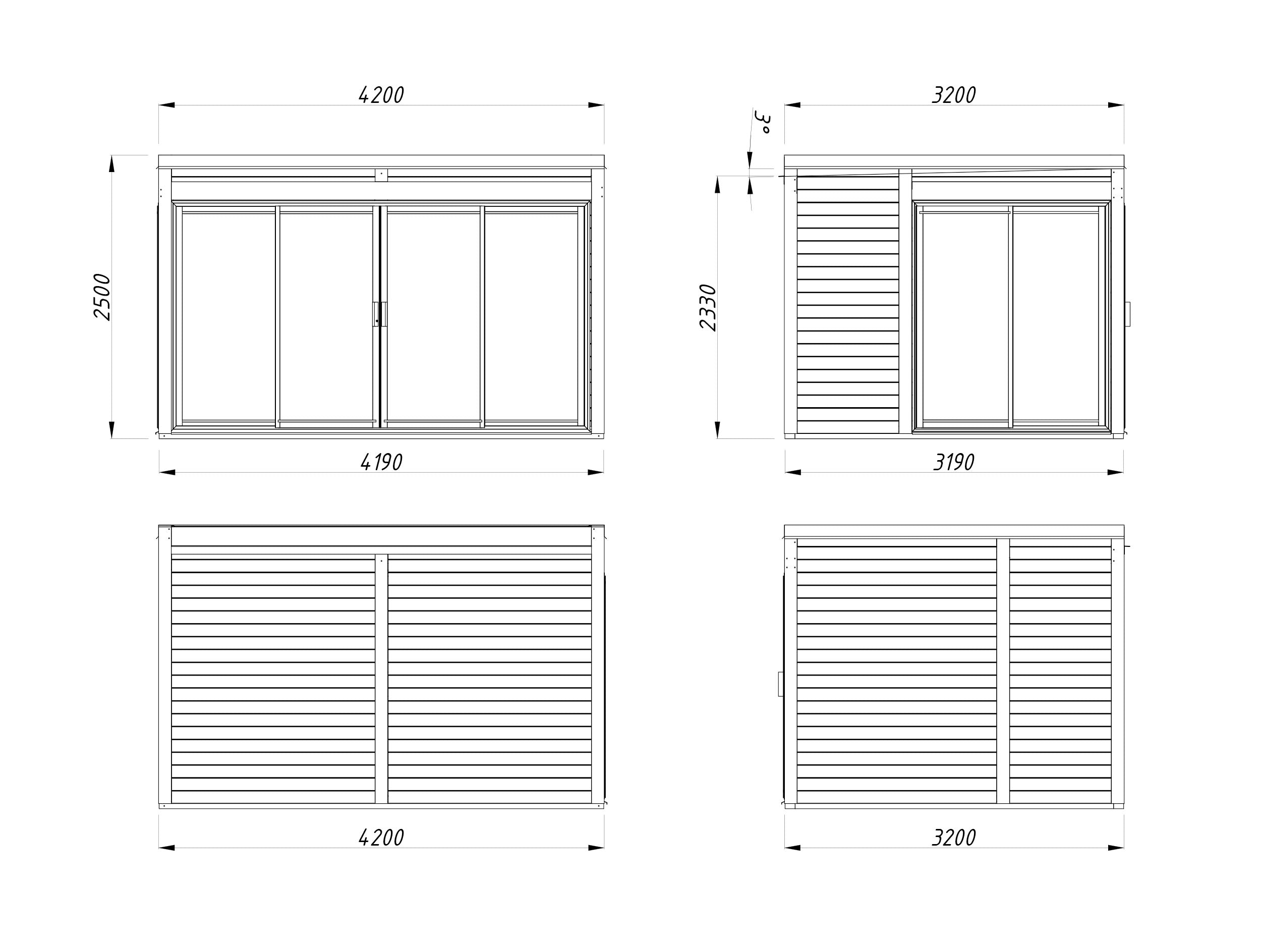 Serena 1 (4,2x3,2 m | 12,6 m² | 44 mm) Modernne klaaspaviljon aeda – alumiiniumuksed ja -aknad (ühekordne või topeltklaas)