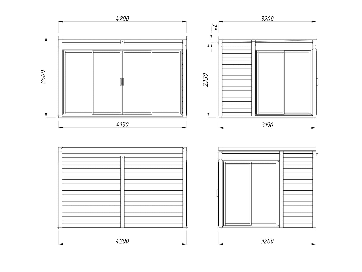 Serena 2 (4,2x3,2 m | 12,6 m² | 44 mm) Modernne klaaspaviljon aeda – alumiiniumuksed ja -aknad (ühekordne või topeltklaas)