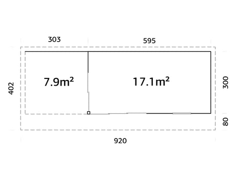 Andrea 17.1+7.9m2 (8.98x3m | 44mm) Lükanduste ja modernse nurgalahendusega aiamaja varikatusega