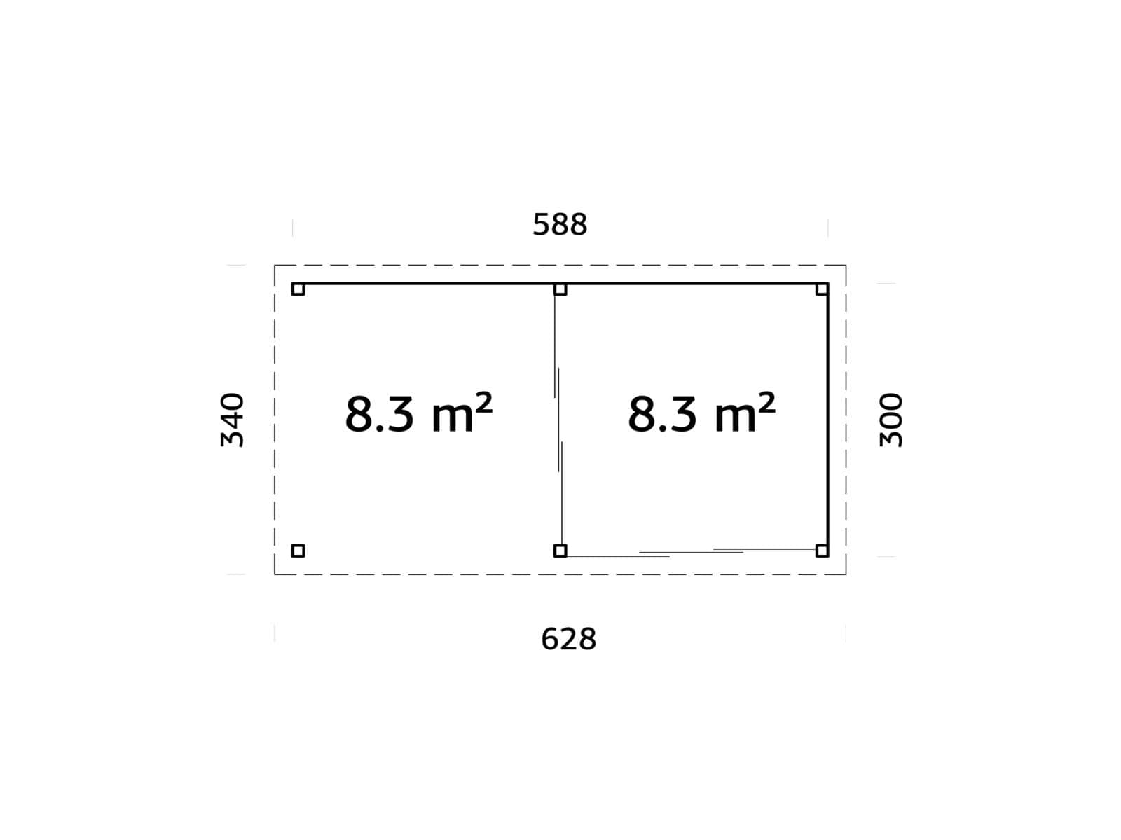 Lenna 16.6m2  Set 405/705 (5.88x3m) Kahe lükandukse ja varikatusega paviljon