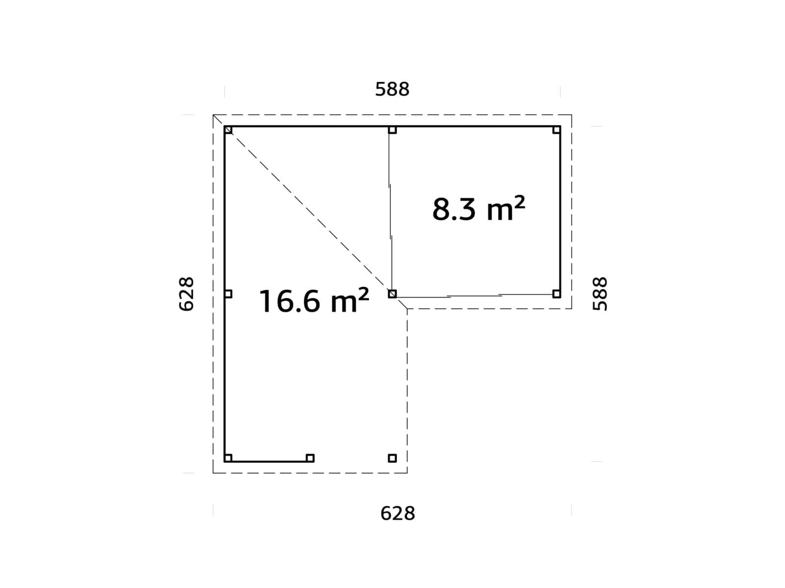 Lenna 24.9m2 Set 409/709 (5.88x5.88m) L-kujuline lamekatusega kahe lükanduksega paviljon väliköögi osaga