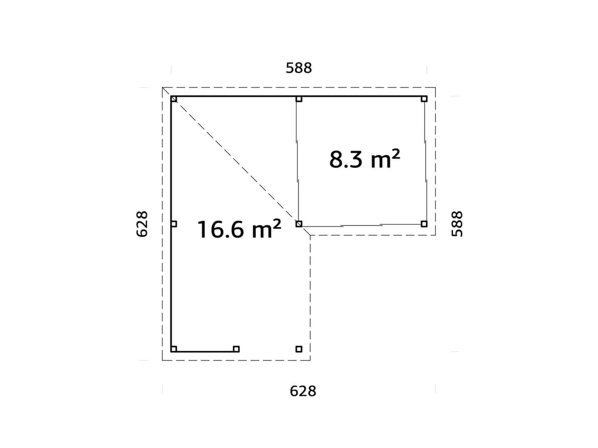 Lenna 24.9m2 Set 410/710 (5.88x5.88m) L-kujuline lamekatusega kolme lükanduksega paviljon väliköögi osaga