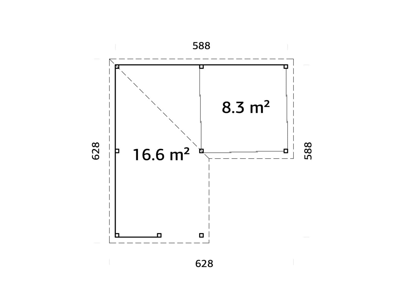 Lenna 24.9m2 Set 410/710 (5.88x5.88m) L-kujuline lamekatusega kolme lükanduksega paviljon väliköögi osaga