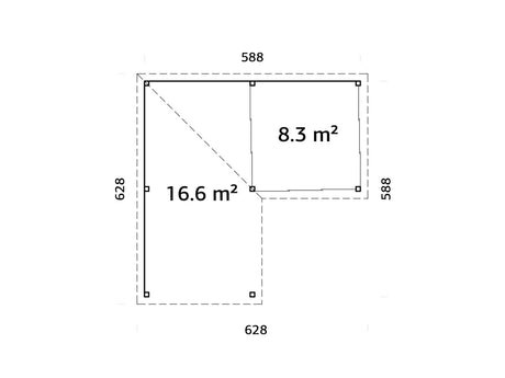 Lenna 24.9m2 Set 412/712 (5.88x5.88m) L-kujuline lamekatusega lükanduste ja varikatusega paviljon