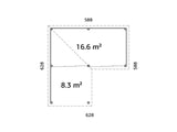 Lenna 24.9m2 Set 413/713 (5.88x5.88m) L-kujuline lamekatusega kahe lükandukse ja võreseinaga paviljon